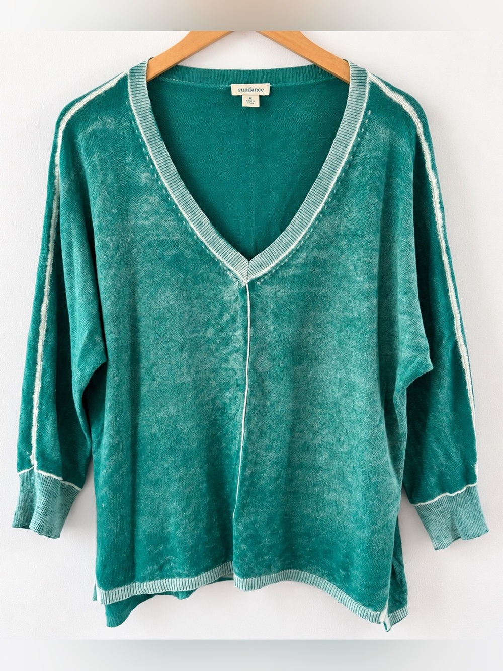 Sundance Teal Cotton V Neck Pullover Sweater Acid Wash Relaxed Y2K 90s Medium